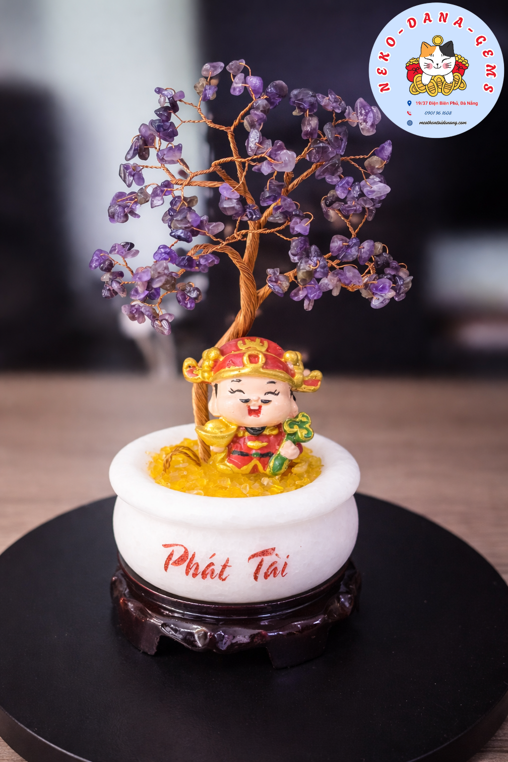 Cây thạch anh tím để bàn kèm tượng thần tài mini 22cm