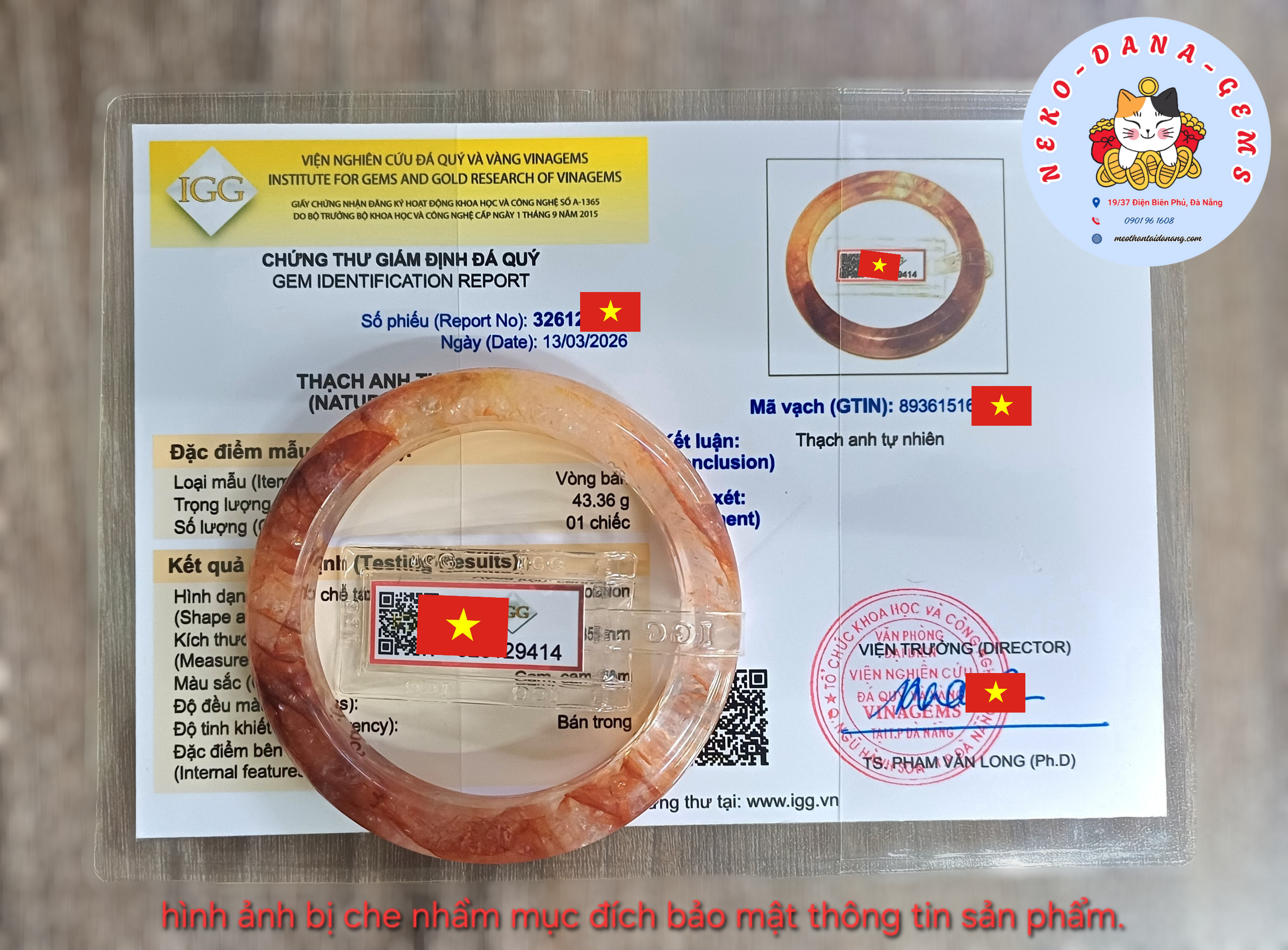 Giấy kiểm đinh Vòng bản liền thạch anh ưu linh đỏ tự nhiên
