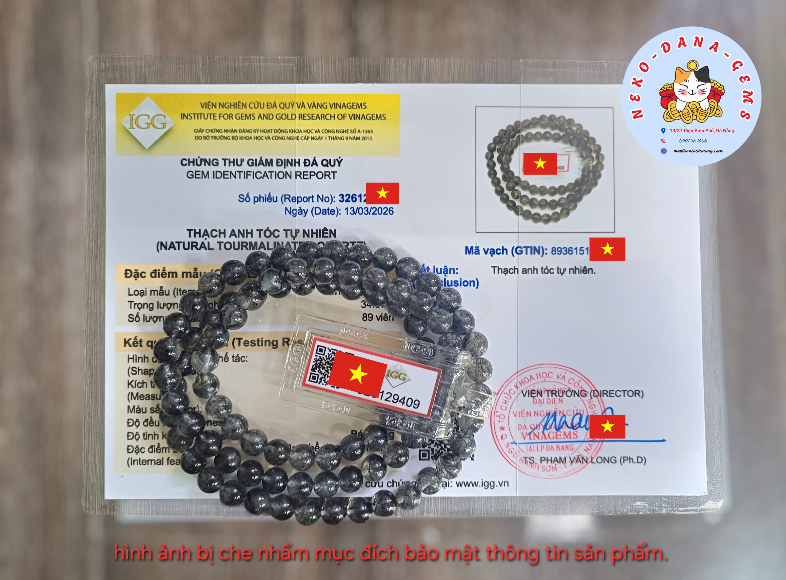 Giấy kiểm định vòng tay thạch anh tóc đen tự nhiên
