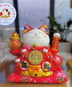 Mèo Thần Tài Khai Trương 26cm ngũ phúc lâm môn đỏ