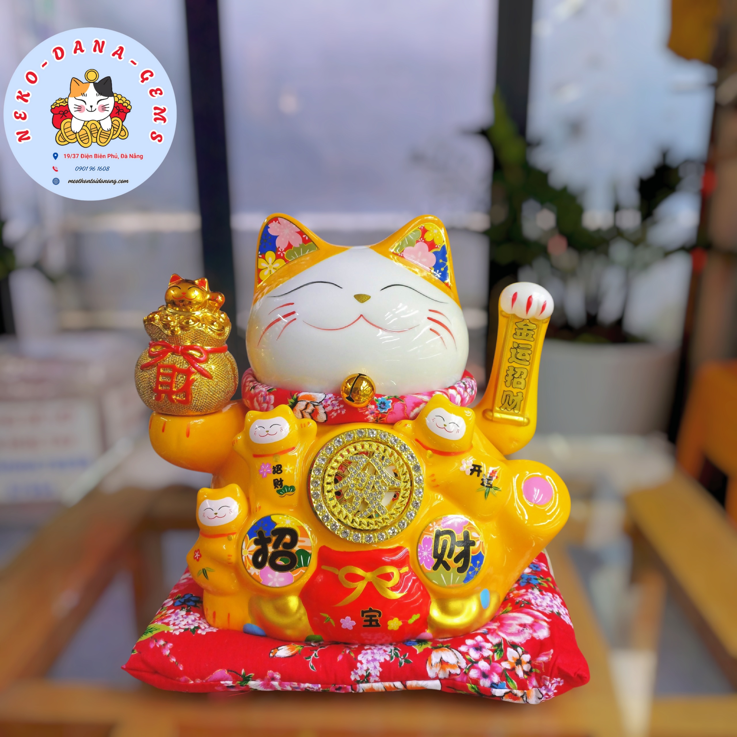 Mèo Thần Tài Khai Trương 26cm ngũ phúc lâm môn vàng