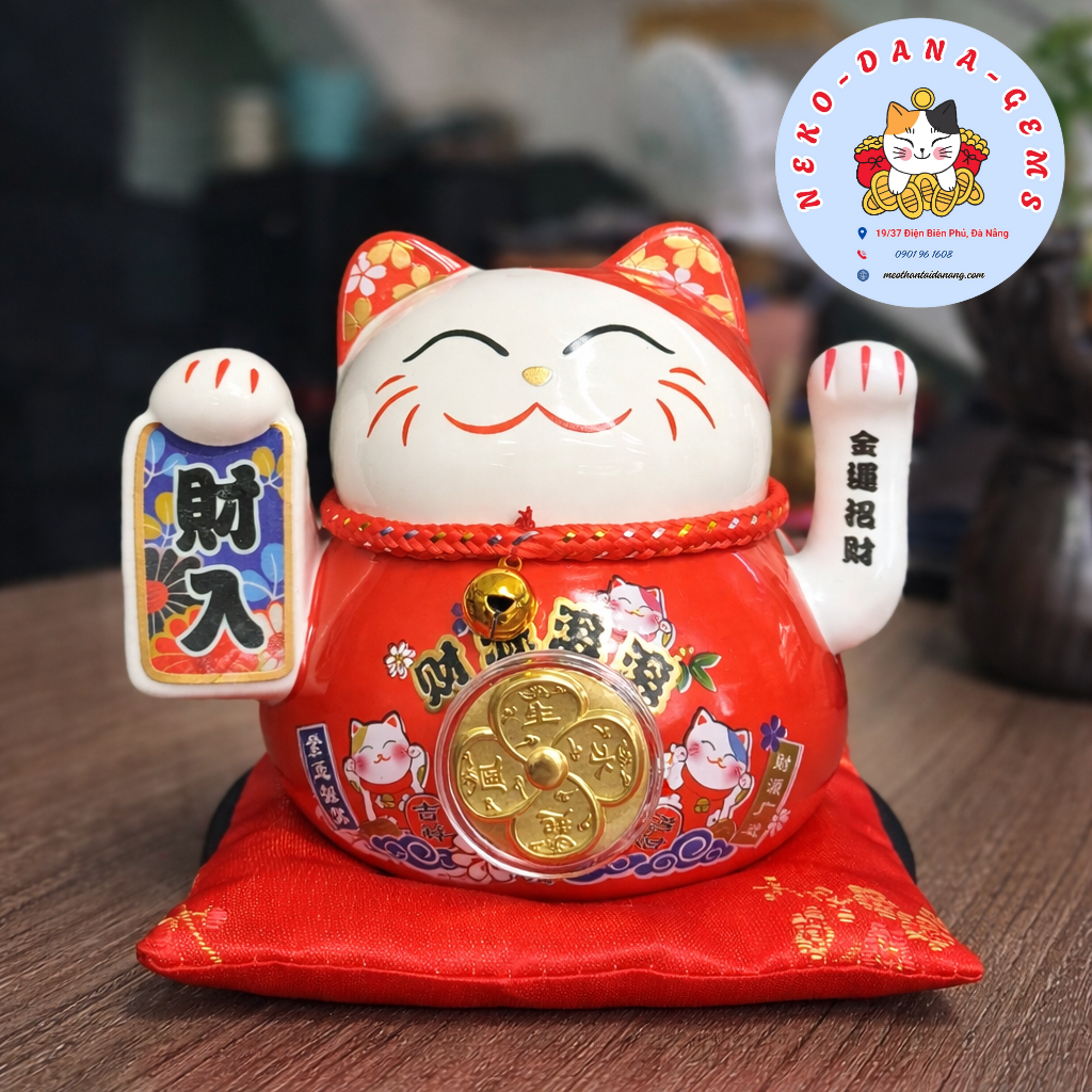Mèo thần tài tài nhập màu đỏ 12cm
