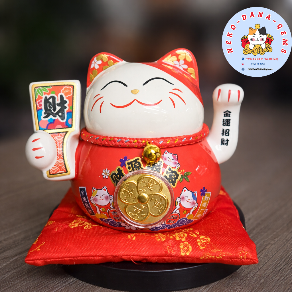 Mèo thần tài vẫy tay trái màu đỏ 12cm