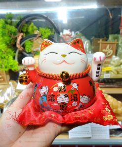 MÈO THÂN TÀI MINI 10CM KIM VẬN CHIÊU HỶ ĐỎ
